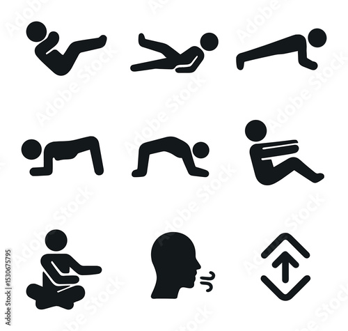 Core Workout Icon Set. Solid, filled icons set of core strengthening exercises: abdominal curl, leg stretch,