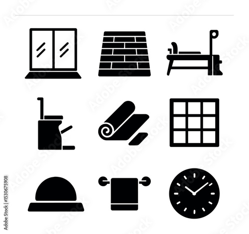 Fitness Studio Icons. Solid, filled icons set of fitness studio setup: mirrored wall, wooden floor, reformer