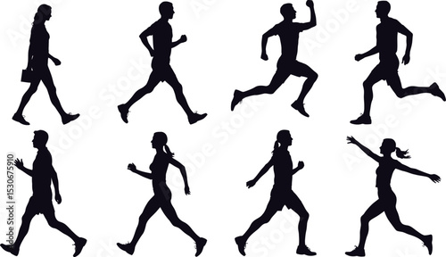 Silhouette people walking running jogging exercise fitness workout cardio training illustration vector art editable stock vector illustration