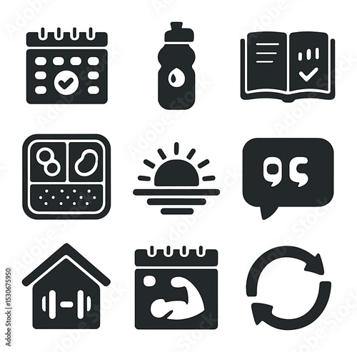 Healthy Workout Icons. Solid, filled icons set of healthy home workout habits: daily schedule, hydration
