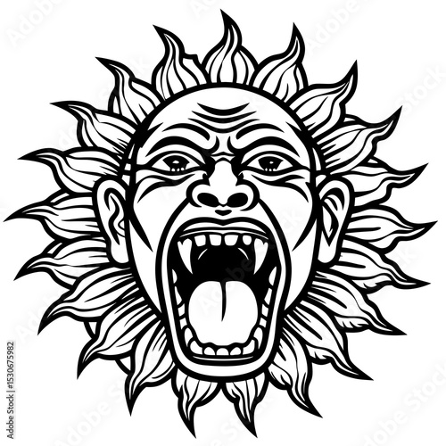 Angry monster face with sunburst design