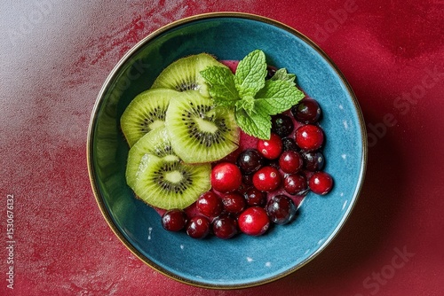 Fresh kiwi and cranberry fruit salad in a blue bowl.