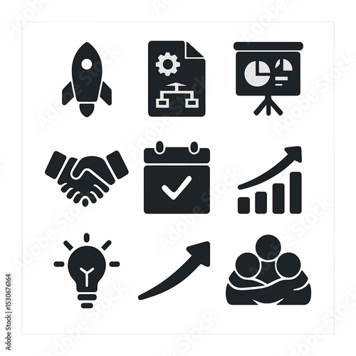 Startup Icon Set. Solid, filled icons set of startup launch: rocket icon, business plan, pitch deck,