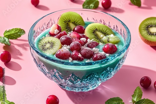 Vibrant fruit and yogurt parfait in a decorative bowl.
