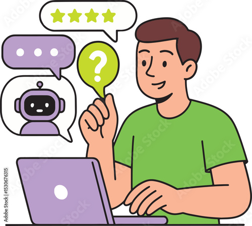 Customer Support Vector Illustration. Man interacting with AI chatbot.