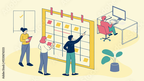 People collaborating on a schedule with sticky notes and a person working at a desk with a computer