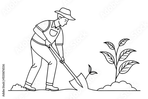 Continuous line art drawing of a farmer shoveling wheat isolated on transparent background