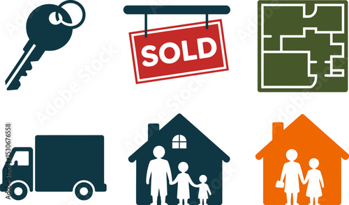 Real estate icons set selling house moving family home key floorplan truck sold vector design 100char editable stock vector illustration