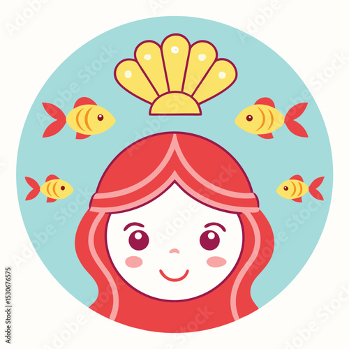 Adorable cartoon girl with red hair surrounded by fish and a seashell