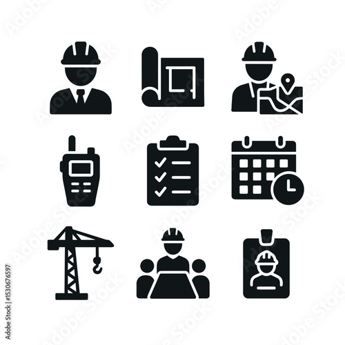 Construction Manager Icons. Solid, filled icons set of construction managers overseeing projects: safety