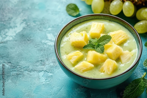 Green smoothie bowl with pineapple and mint.
