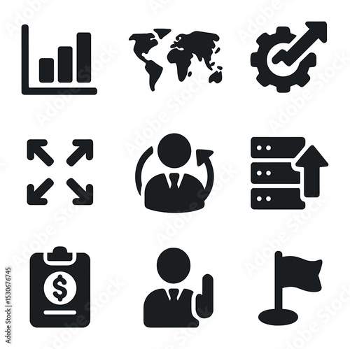 Startup Growth Icons. Solid, filled icons set of startup growth and scaling: bar chart, international map,
