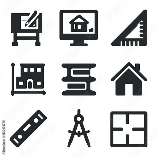Architectural Icons Grid. Solid, filled icons set of architecture and structural planning: drafting table, CAD