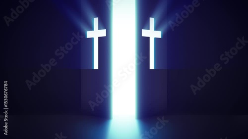 Large opening gate or door with christian symbol of cross. Shining bright light in dark room. 3d animation.