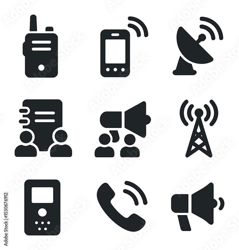 Communication Tools Icons. Solid, filled icons set of site communication tools: walkie-talkie, mobile phone,
