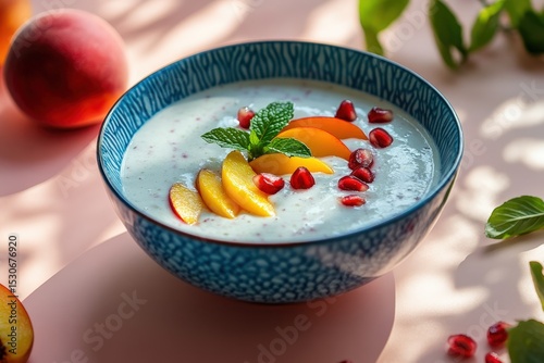 Delicious fruit topped yogurt parfait in a decorative bowl.