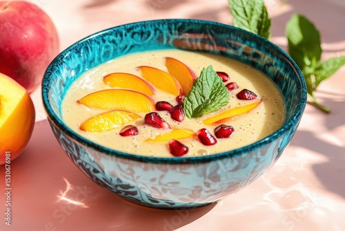 Peach and pomegranate smoothie bowl in a teal bowl.