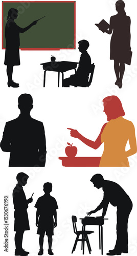 Teacher silhouette classroom education teaching learning students back to school schoolhouse 100 char editable stock vector illustration