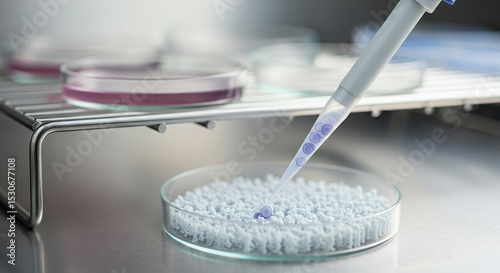 Pipette Dispensing Blue Spheres onto a Petri Dish of White Substance