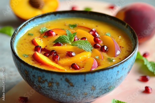 Peach and pomegranate soup in a blue bowl.
