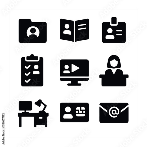Onboarding Icons Grid. Solid, filled icons set of employee onboarding process: welcome folder, company