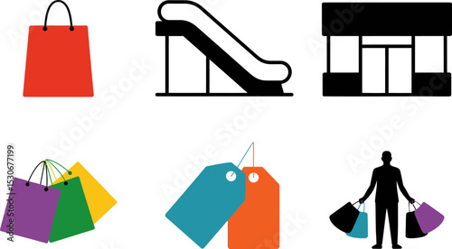Shopping mall icons set with bags escalator store man and price tags for retail and commerce design editable stock vector illustration
