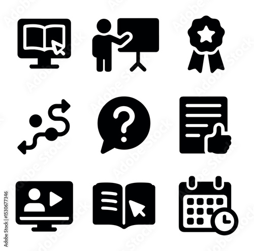 Training Icons Grid. Solid, filled icons set of training and development: e-learning module, instructor icon,