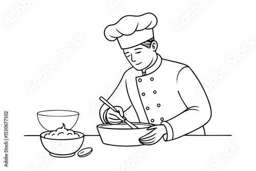 Continuous line drawing of a chef preparing food isolated on transparent background