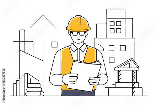 Continuous line drawing of a construction worker isolated on transparent background