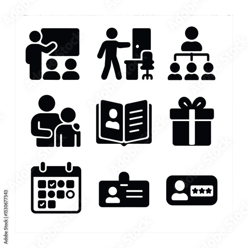 New Hire Icons. Solid, filled icons set of new hire orientation: introduction meeting, office tour, org chart,