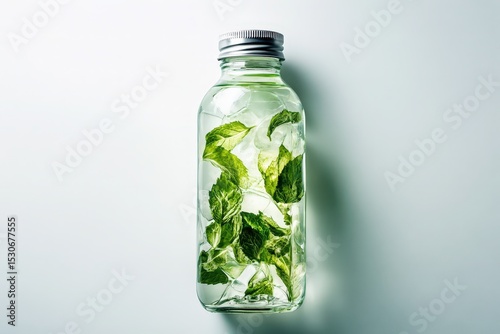 Glass bottle filled with fresh mint leaves and water.