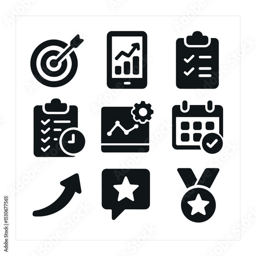 Goal Setting Icons. Solid, filled icons set of performance and goal setting: goal target, performance tracker,