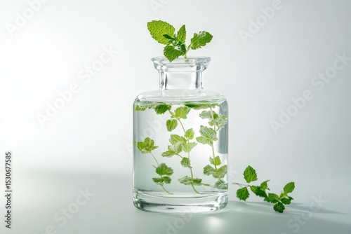 Fresh mint sprigs in a clear glass bottle.