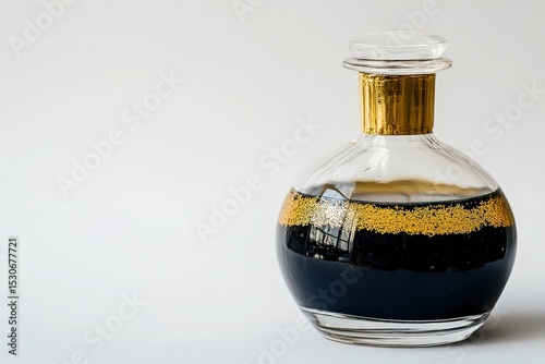 Glass decanter with dark liquid and gold accents.