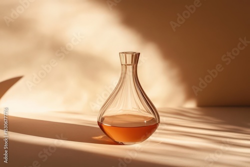 Delicate glass decanter filled with amber liquid, bathed in warm sunlight.