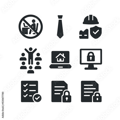 Policy Icons Grid. Solid, filled icons set of company policy overview: workplace rules, dress code, safety