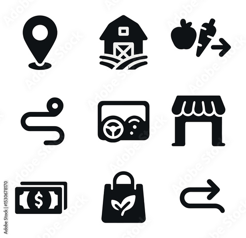 Farm-to-Market Icons. Solid, filled icons set of farm-to-market supply chain: origin point, farm logo, produce