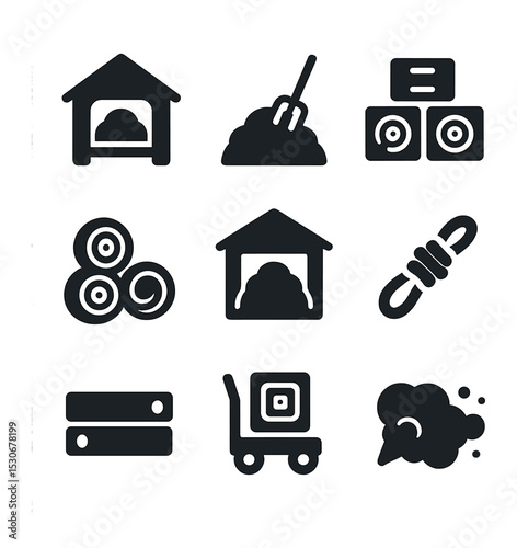 Hay Storage Icons. Solid, filled icons set of hay storage and stacking: hay loft, pitchfork in stack, square