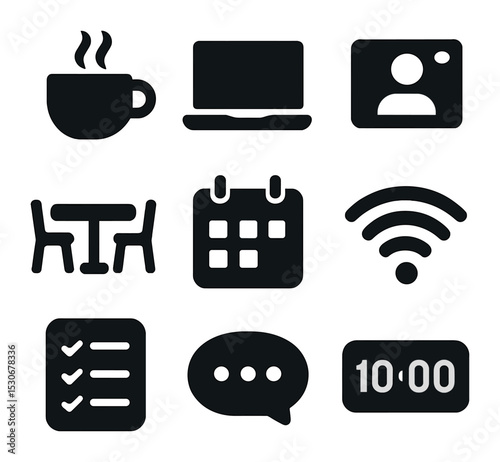 Virtual Coworking Icons. Solid, filled icons set of virtual coworking cafés: coffee cup, laptop, video call