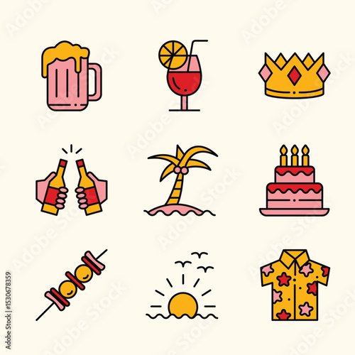 COLORED SUMMER PARTY ICON SET
