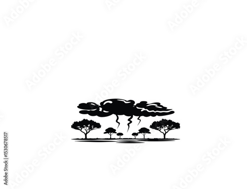 A storm passing over an open plain with distant trees silhouette on white background