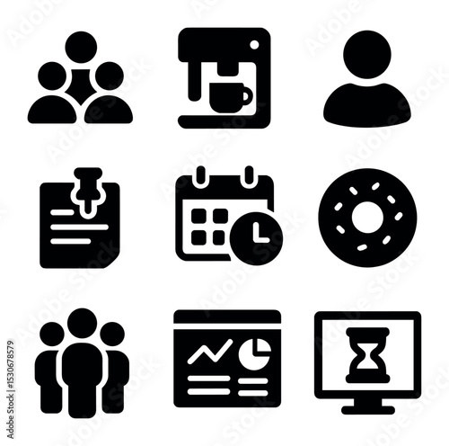 Virtual Team Café Icons. Solid, filled icons set of virtual team cafés: team logo, coffee machine, virtual