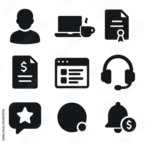 Freelancer Tools Icons. Solid, filled icons set of online freelancer hangouts: freelancer icon, laptop with