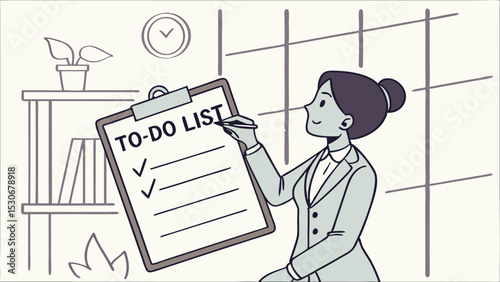 Woman in suit writing on to do list with check marks in office with clock and plant on shelf background