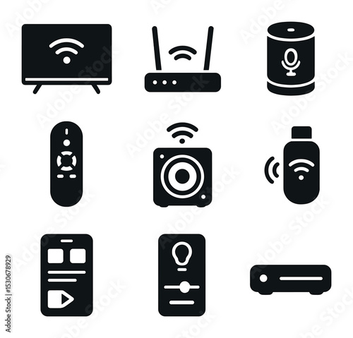 Smart Home Icons. Solid, filled icons set of smart entertainment system: smart TV, Wi-Fi router, voice