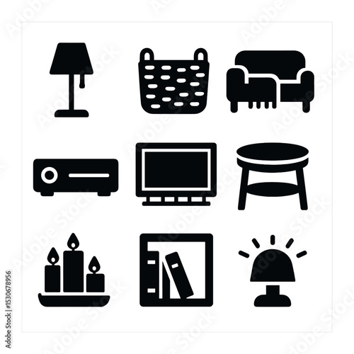 Cozy Icon Set. Solid, filled icons set of cozy entertainment area: floor lamp, woven basket, blanket on couch,