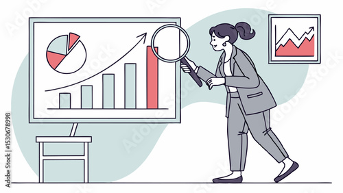 Woman in suit analyzing data on a monitor with a magnifying glass showing charts and graphs analysis