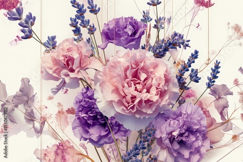 Delicate arrangement of pastel pink and purple flowers and foliage.
