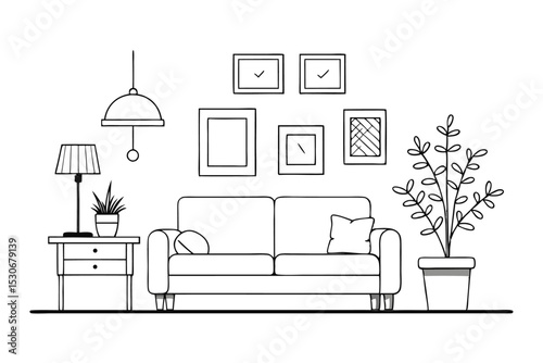 Continuous line drawing of interior scene with sofa plant and lamp isolated on transparent background