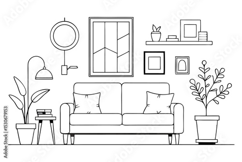 Continuous line drawing of interior scene with sofa plant and lamp isolated on transparent background